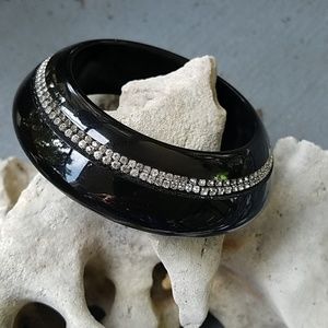 Vintage Black Lucite Rhinestone Huge Saucer Bangle Bracelet